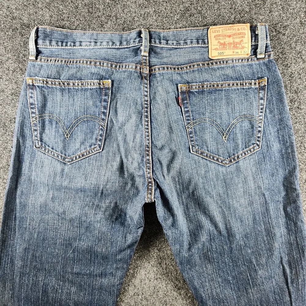 Levis 505 Regular Straight Fit Jeans‎ Mens 36x32 Blue Mid Rise Dark Wash Denim